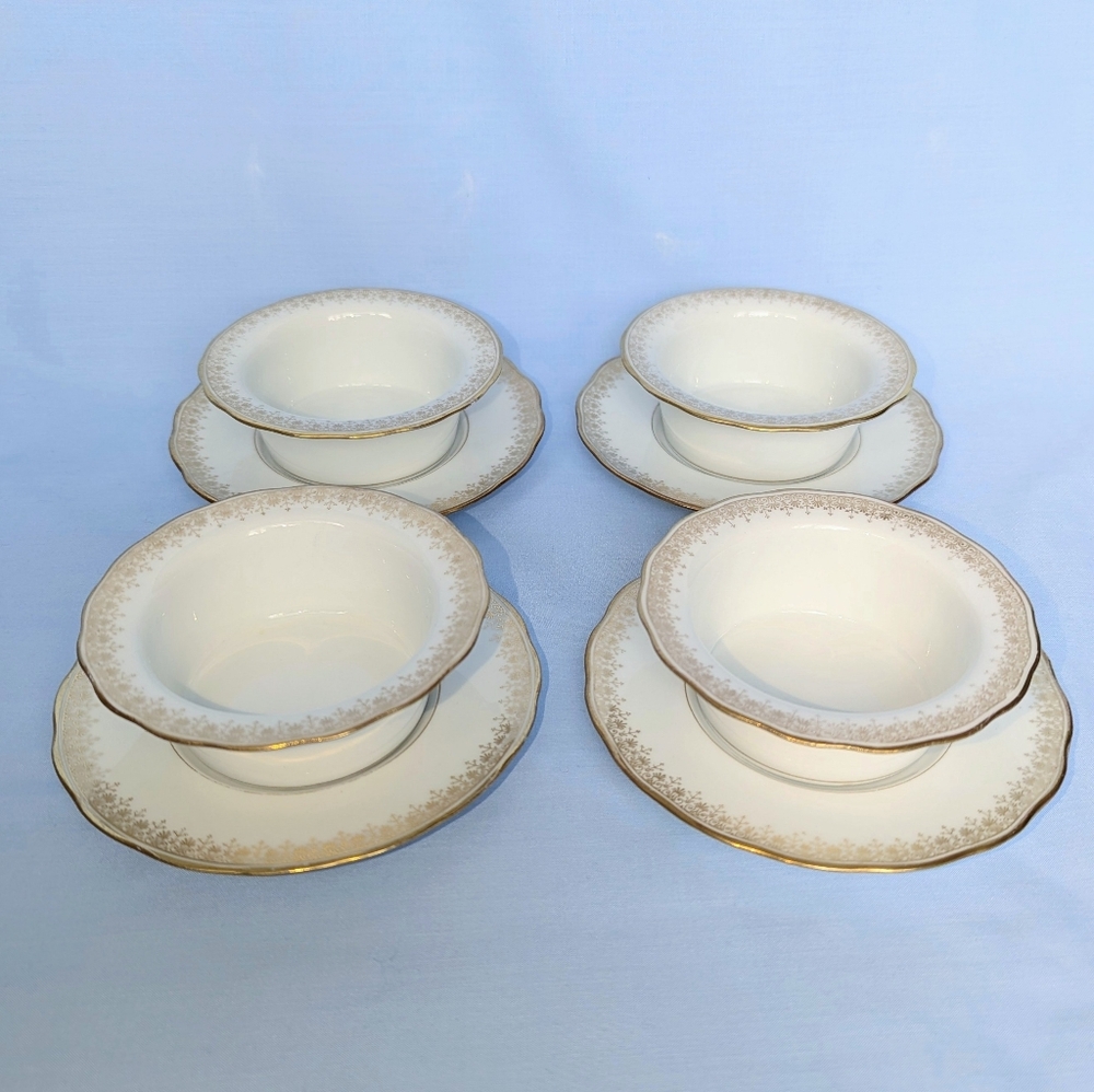 Antique Limoges Bernardaud Ramekins & Saucers D & C France Set of 4 Gold Scrolls